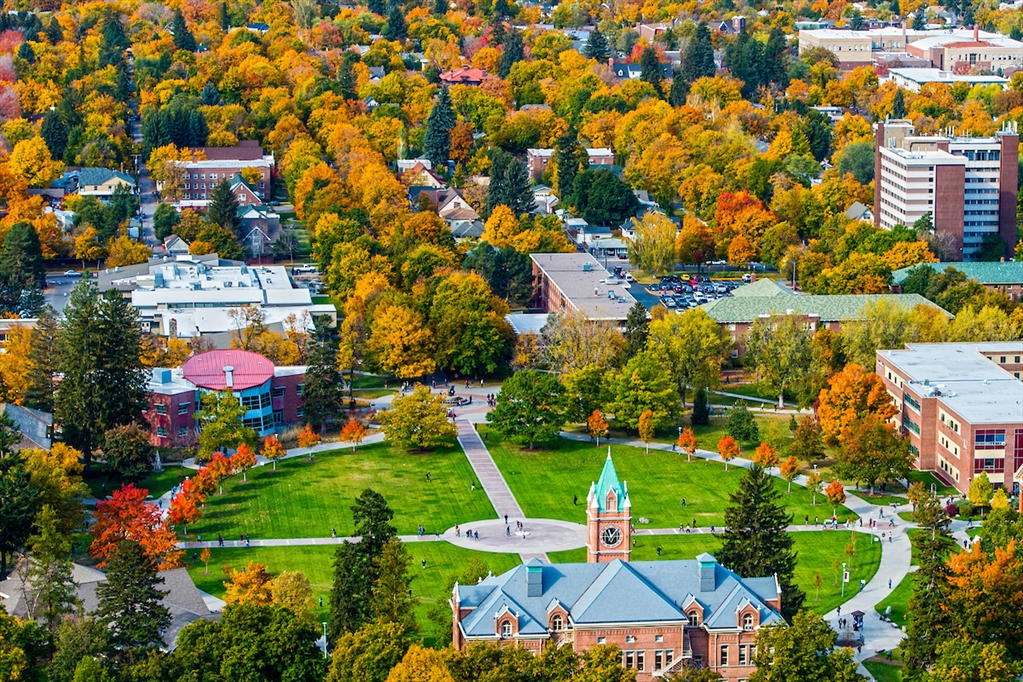 A beautiful fall day in Missoula, MT allows the UM campus to shine.