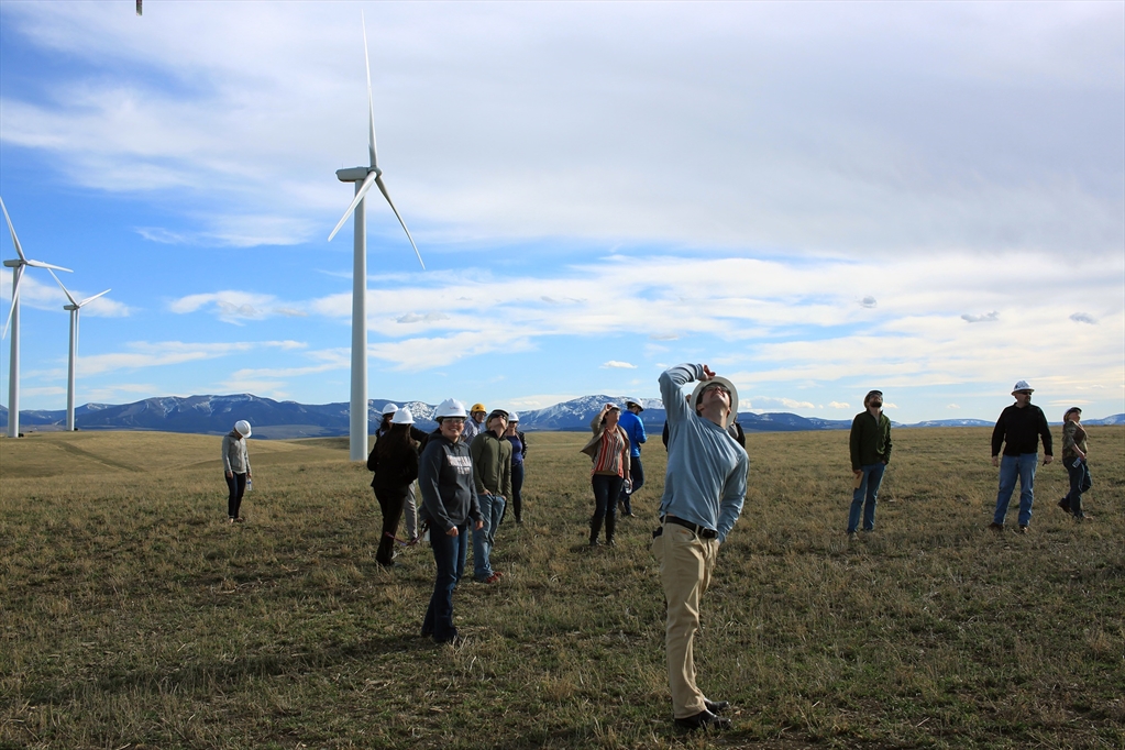 Photo of visitors at a wind farm.